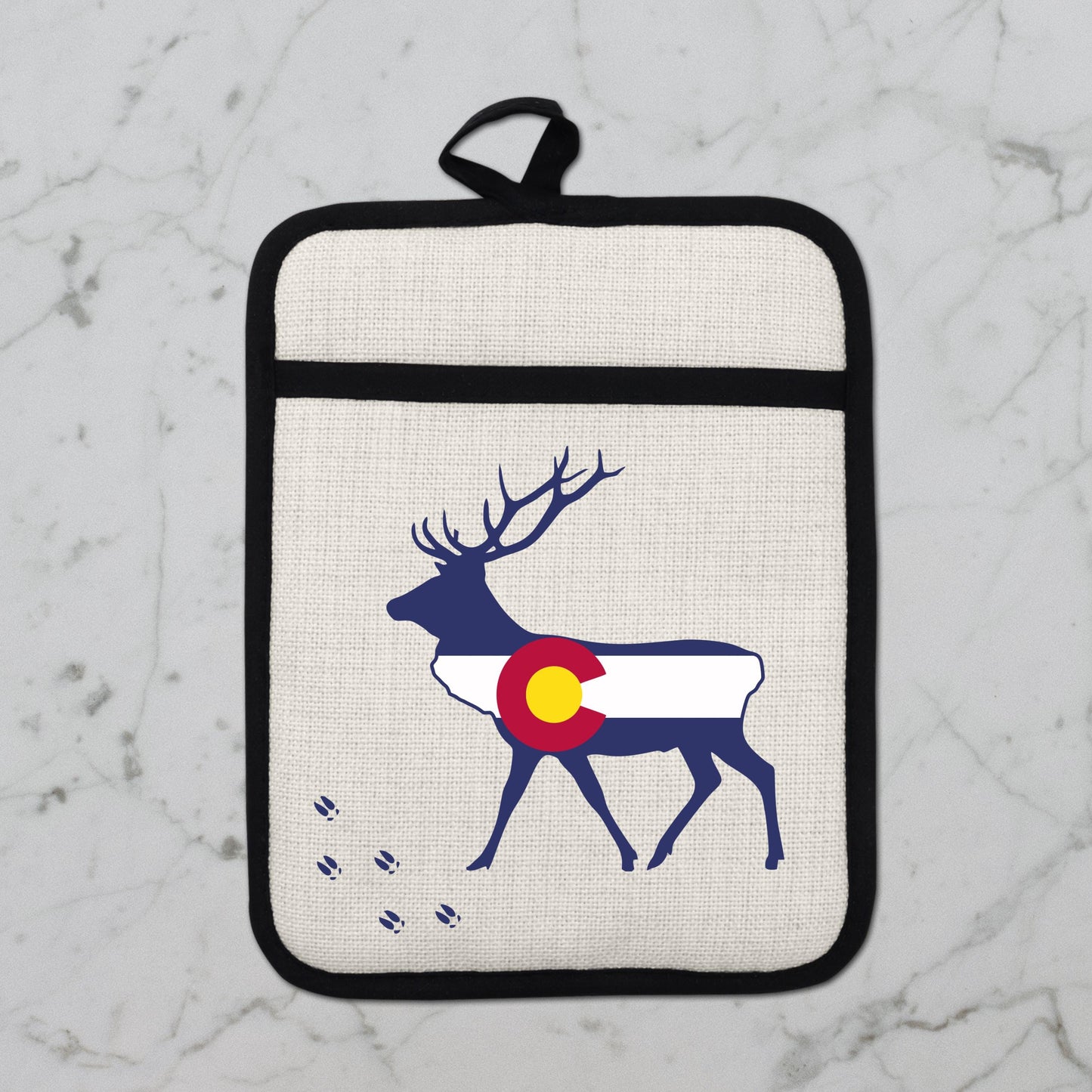 Elk Pot Holder - Colorado Linen With Silicone Back, Heat Resistant Trivet 9x7 Inches