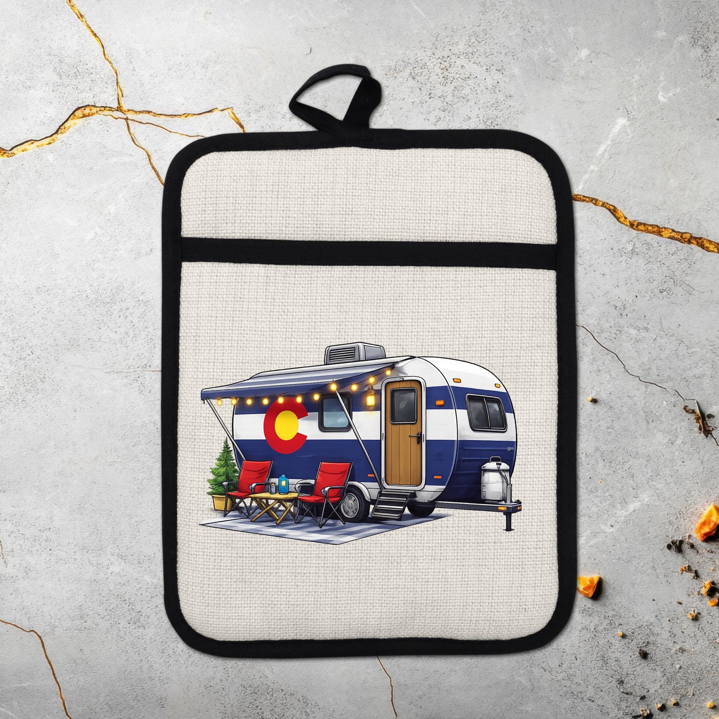 Colorado Camper Pot Holder - Linen Fabric, Silicone Heat Trivet With Loop