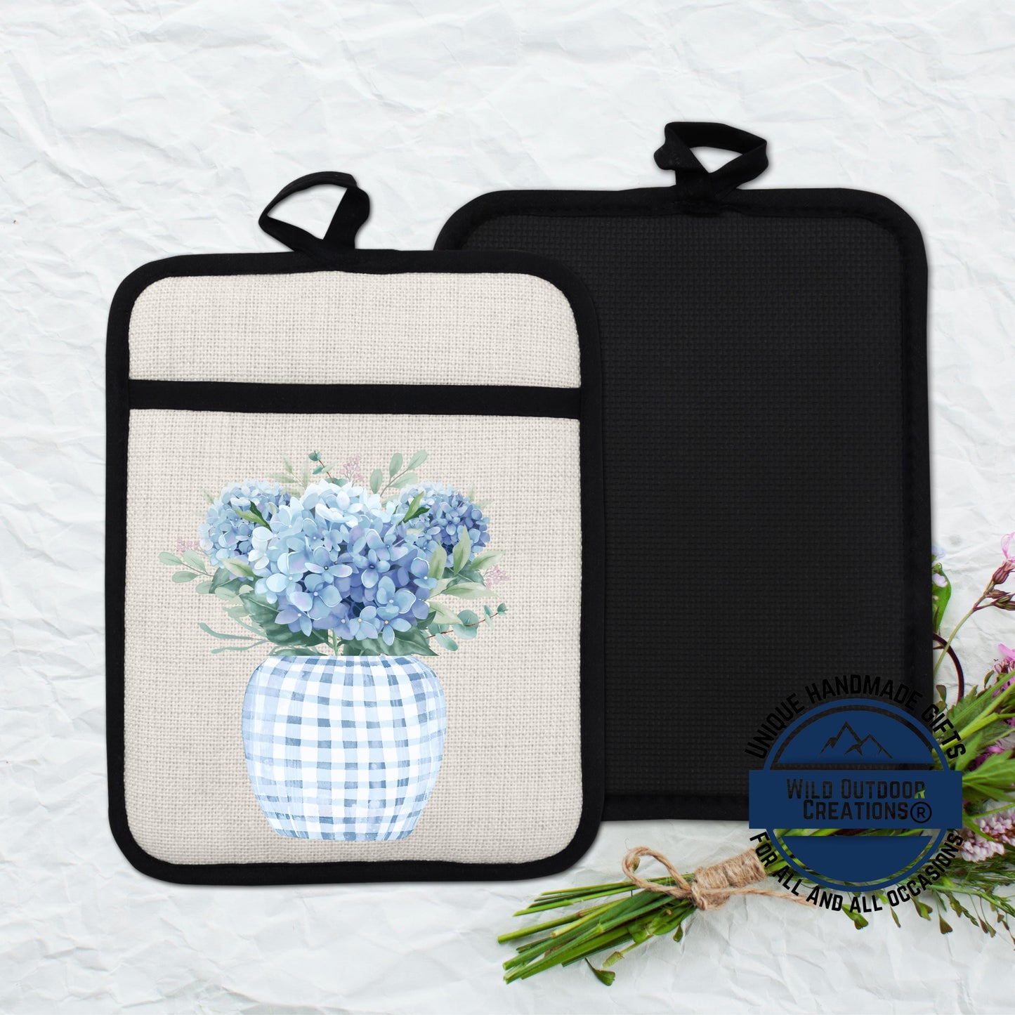 Blue Hydrangea Pot Holder – Floral Kitchen Accessory with Non Slip Silicone Back - additional angle
