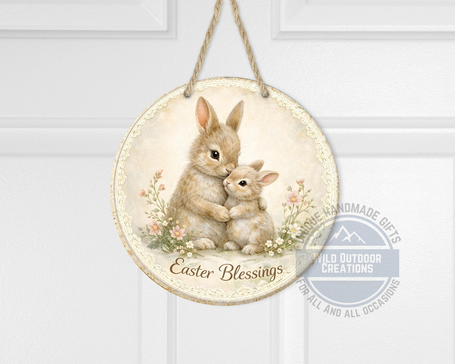 Spring Bunny Door Hanger – Floral Easter Sign | 10" Round Aluminum Decor