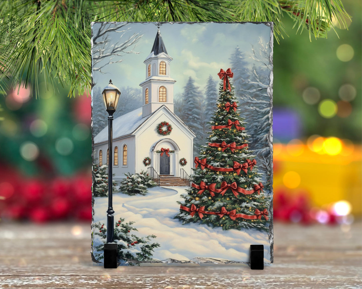 Vintage Slate Christmas Art with Red Bows  Snowy Landscape