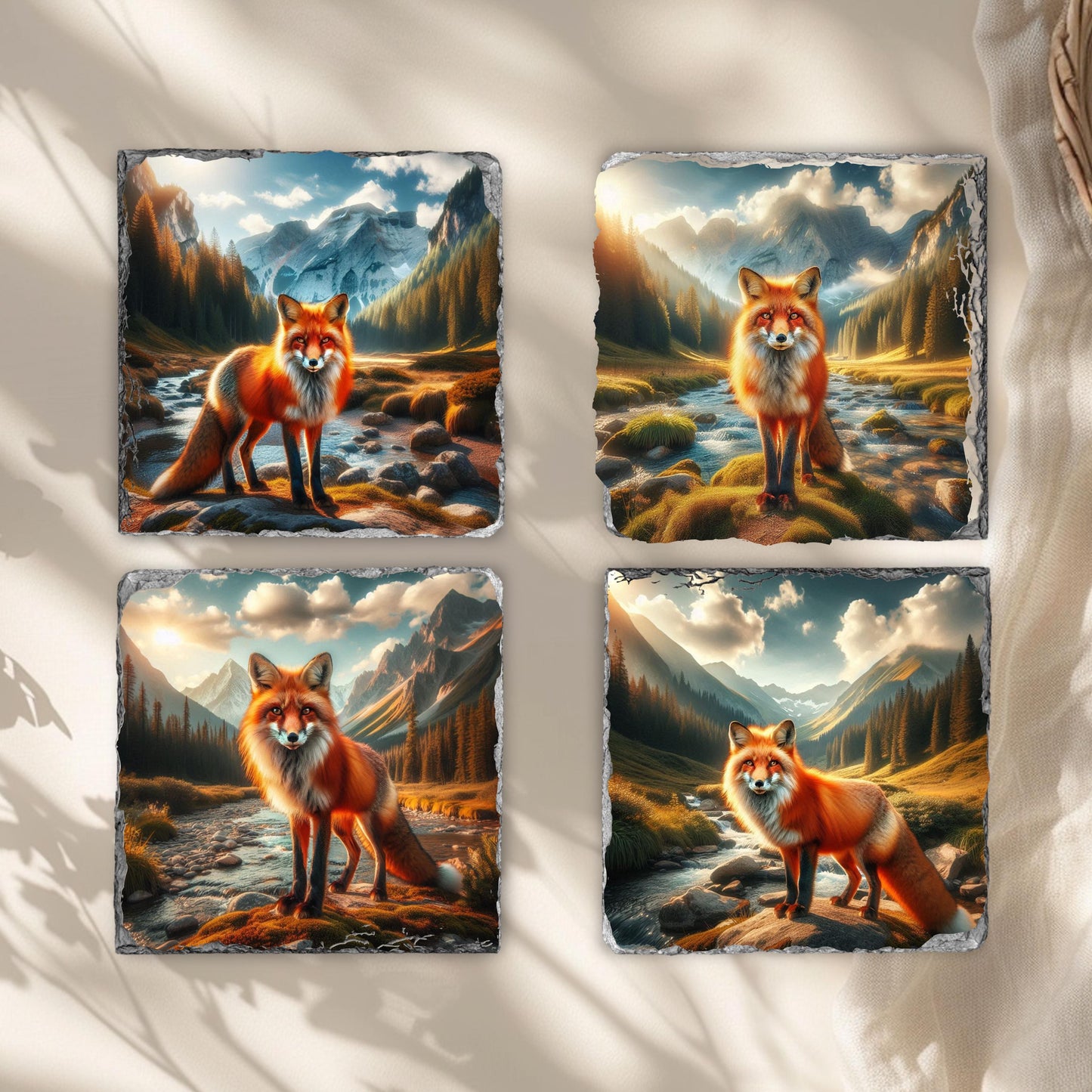 Handcrafted Natural Slate Coaster Set with Fox Mountain Scene  Black Rack - Perfect Gift for Wildlife Lovers