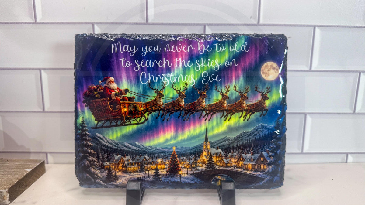 Santa Sleigh Northern Lights Slate Plaque, Christmas Eve Quote Wall Art