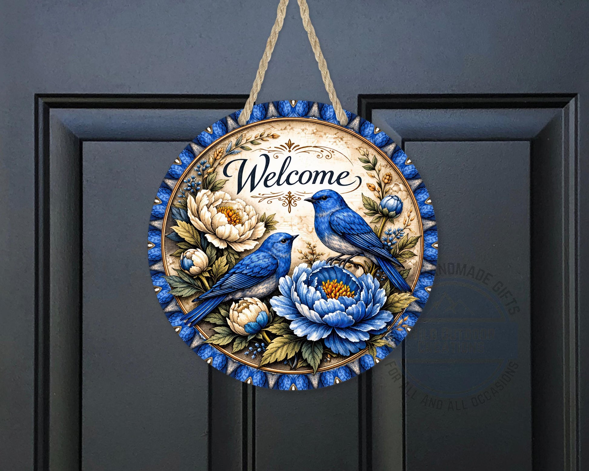 Bluebird Welcome Sign - Round Door Hanger With Floral Porch Decor, UV Coated - additional product photo 10