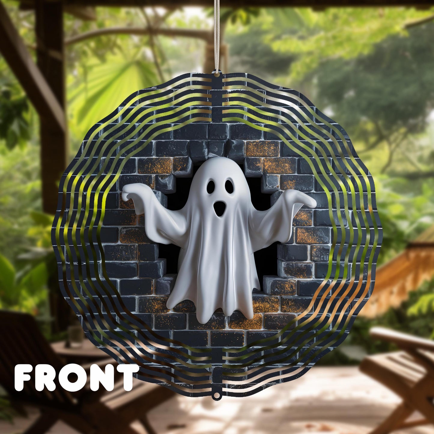 10x10 Inch Ghost Wind Spinner - 3D Double-Sided Aluminum Garden Art with Brick Wall Scene UV Coated for IndoorOutdoor Decor