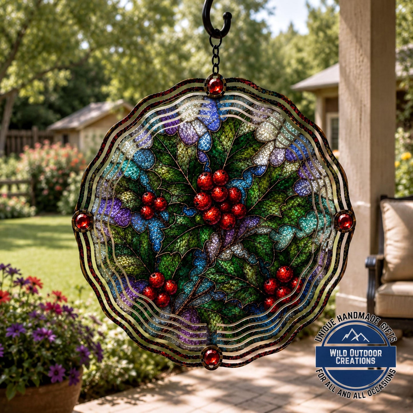 December Birth Flower Wind Spinner Holly Faux Stained Glass Garden Gift Yard Art
