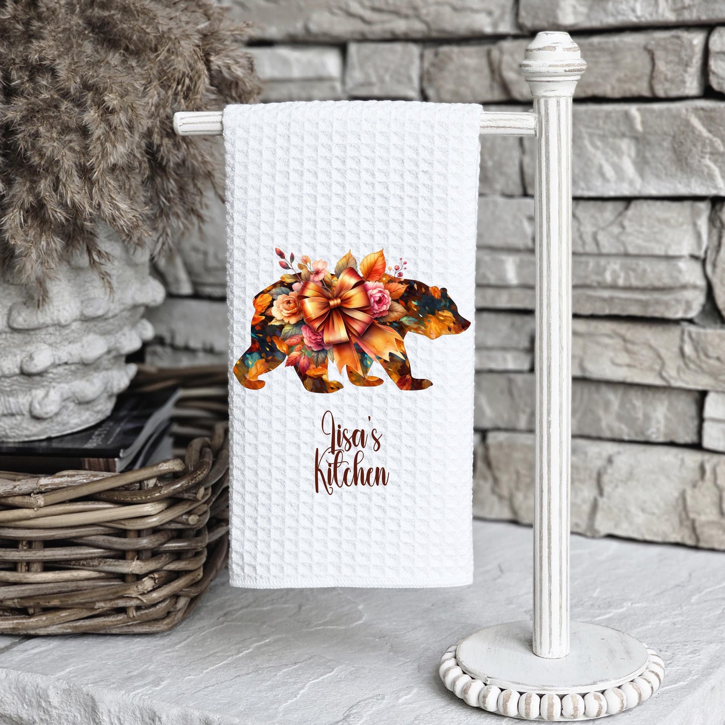Personalized Autumn Bear Kitchen Towel - Waffle Weave Fall Decor