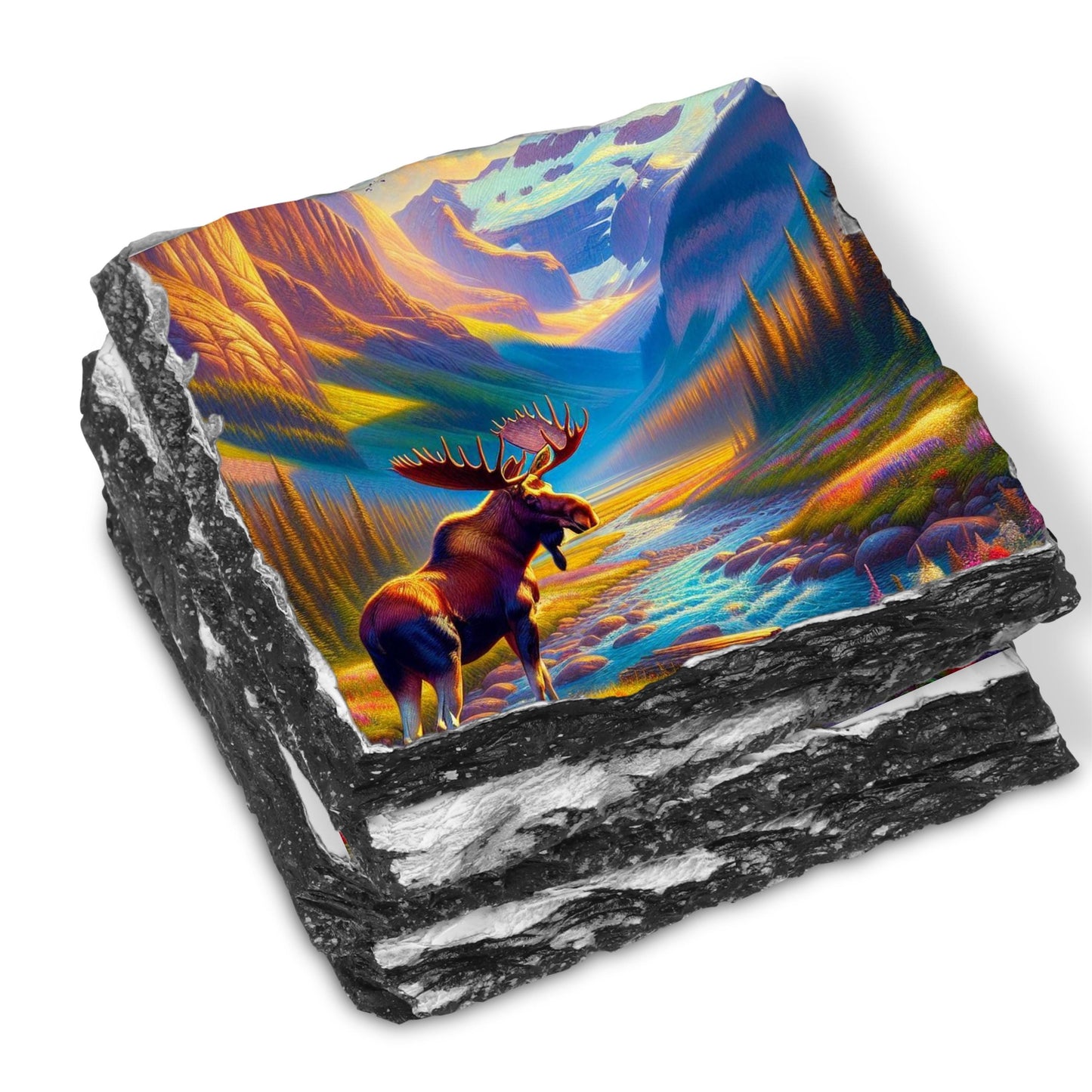 Vibrant Moose Slate Coaster Set with Wildflowers  Black Rack - Nature-Inspired Gift