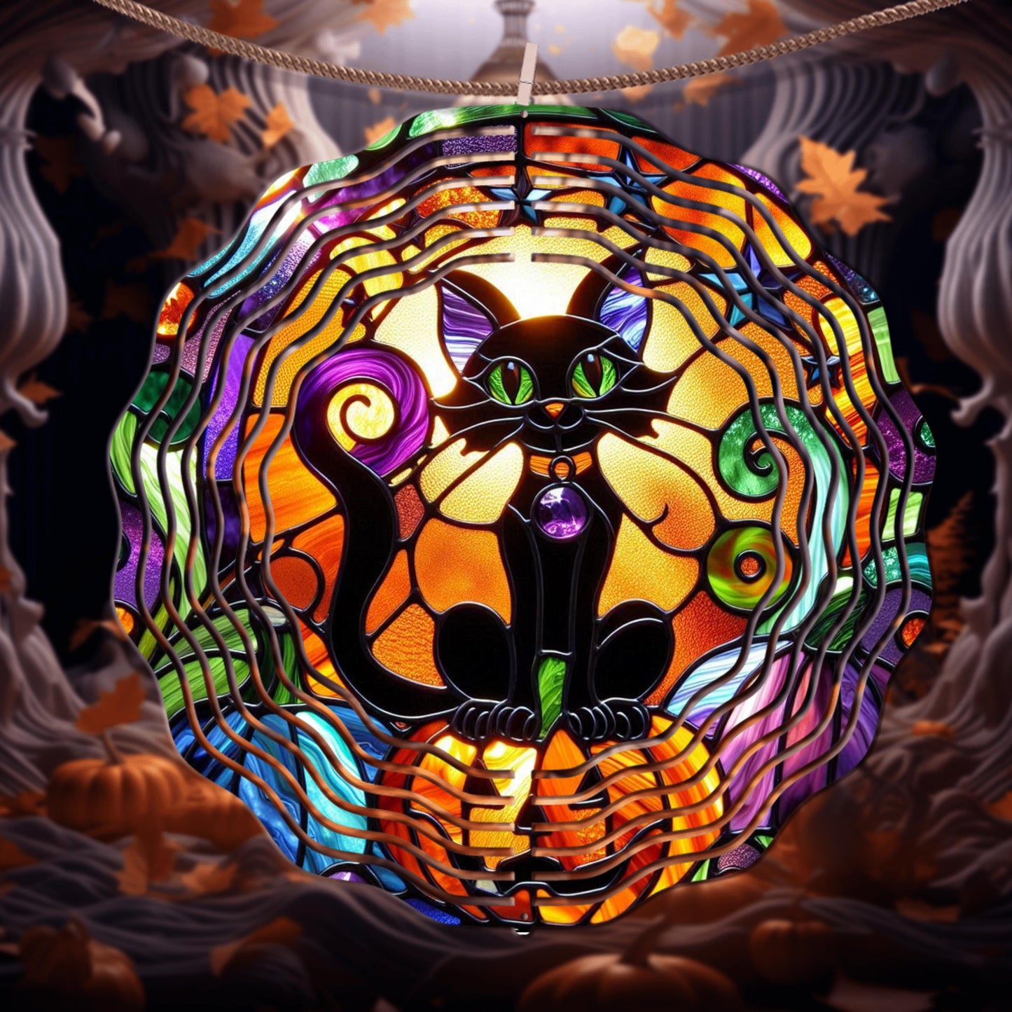 Black Cat Wind Spinner - Halloween Decor in Faux Stained Glass UV-Protected Aluminum