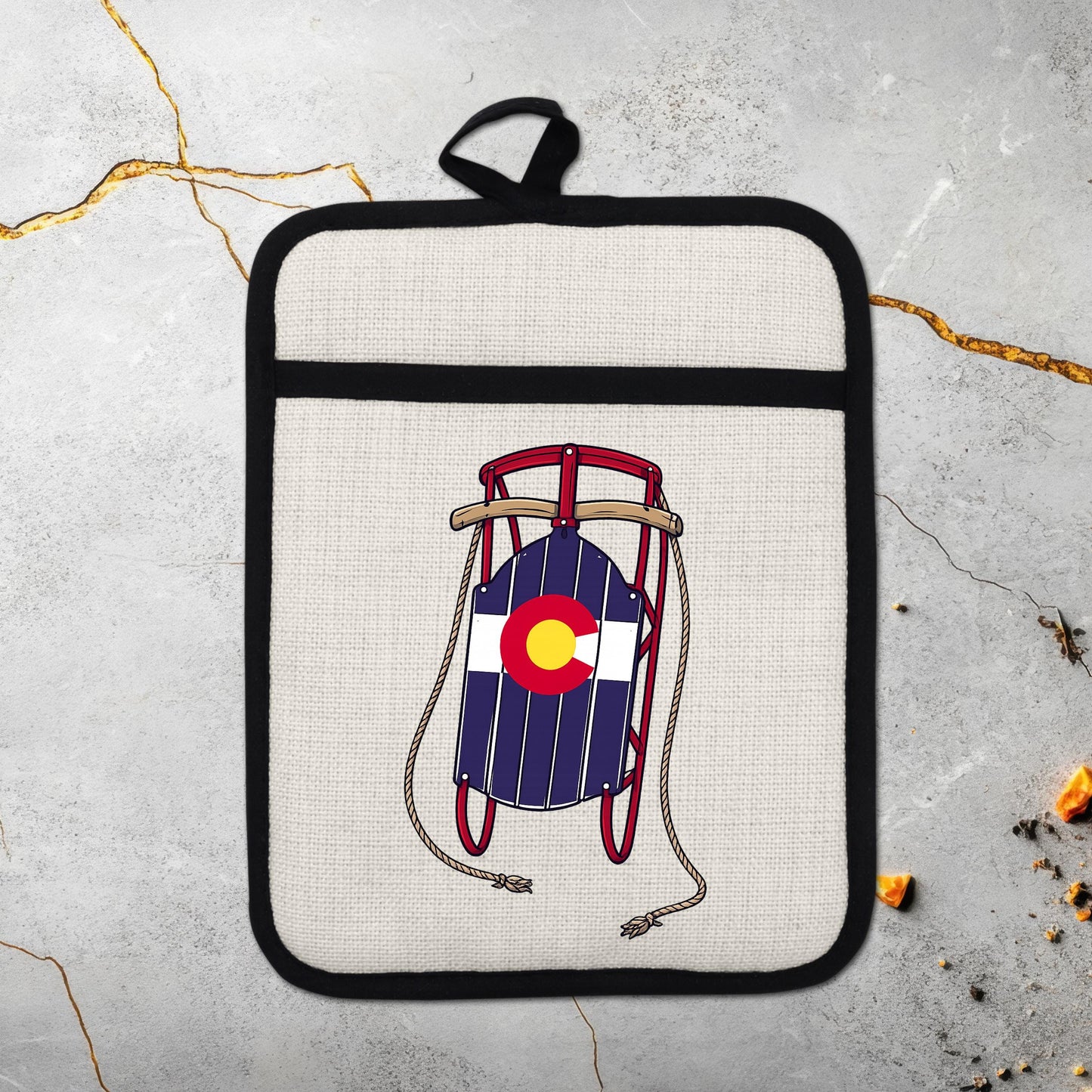Colorado Sled Pot Holder - Linen Pot Holder with Silicone Back Trivet, Heat Resistant Oven Mitt