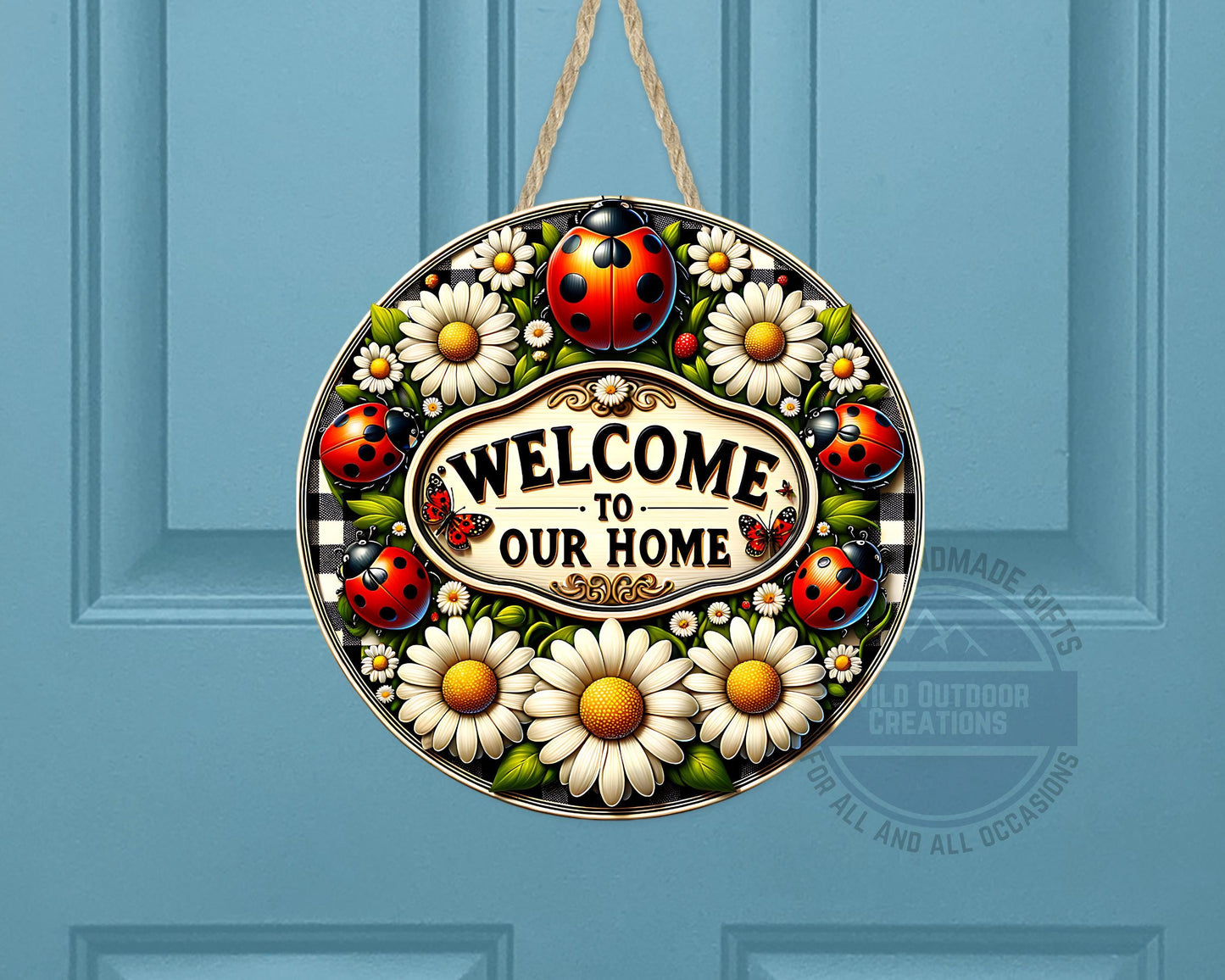 Welcome Door Hanger - Outdoor Aluminum Round Sign With Ladybug & Daisy Design