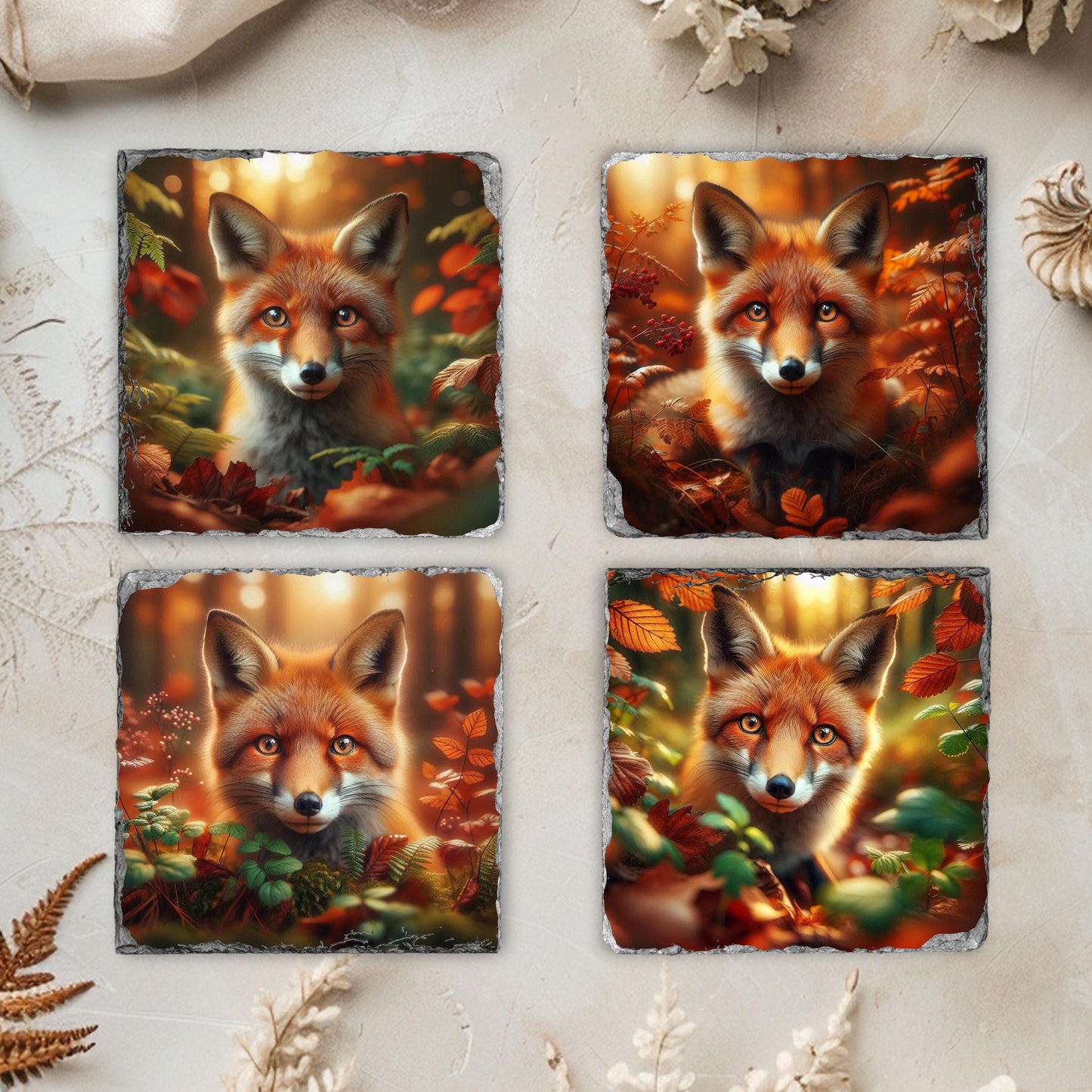 Fox Slate Coaster Set with Black Rack - 4 Rustic Fall Forest Design Coasters