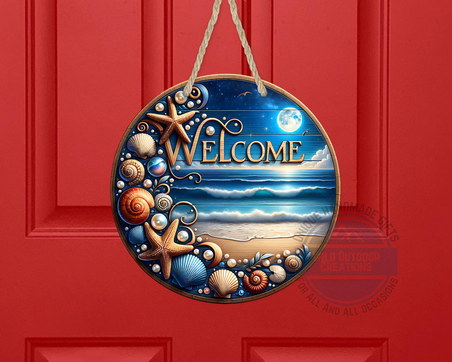 Coastal Door Sign – Nighttime Ocean View | Weather-Resistant Aluminum Outdoor Welcome