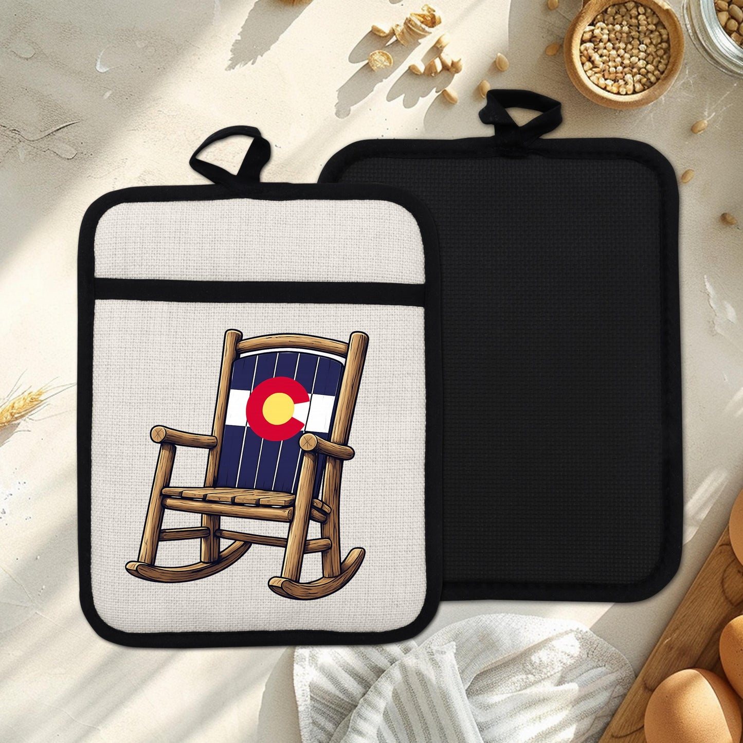 Linen Oven Mitt - Colorado Rocking Chair Pot Holder with Trivet & Heat Resistant Design