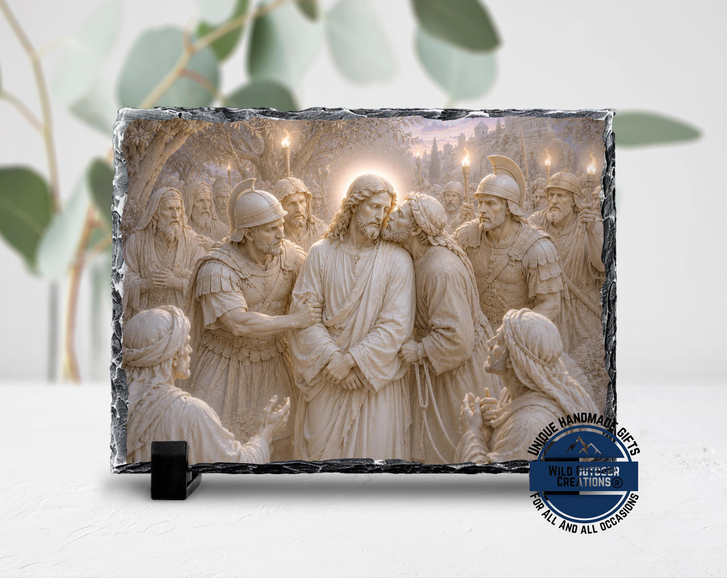 Betrayal of Jesus Slate Plaque, Judas Kiss Religious Wall Decor, Christian Easter Gift
