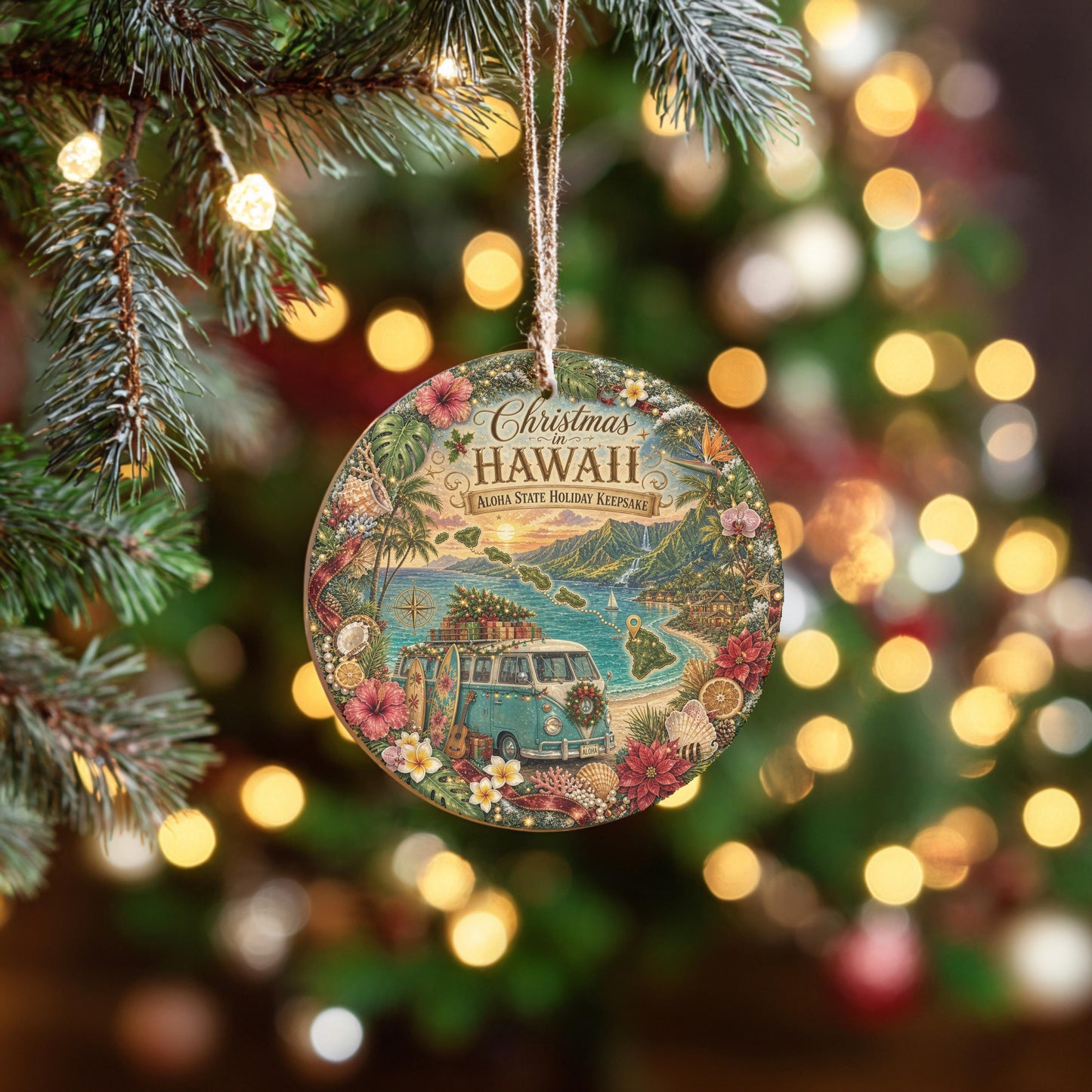Hawaii Ornament, Vintage Van Aloha State Keepsake, 3 Inch Ceramic