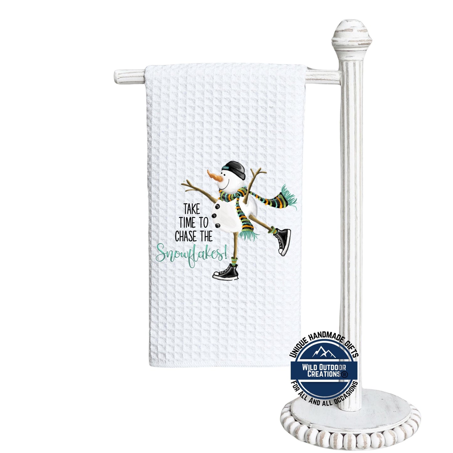Ice Skating Snowman Kitchen Towel Chase The Snowflakes Winter Waffle Weave Holiday Decor