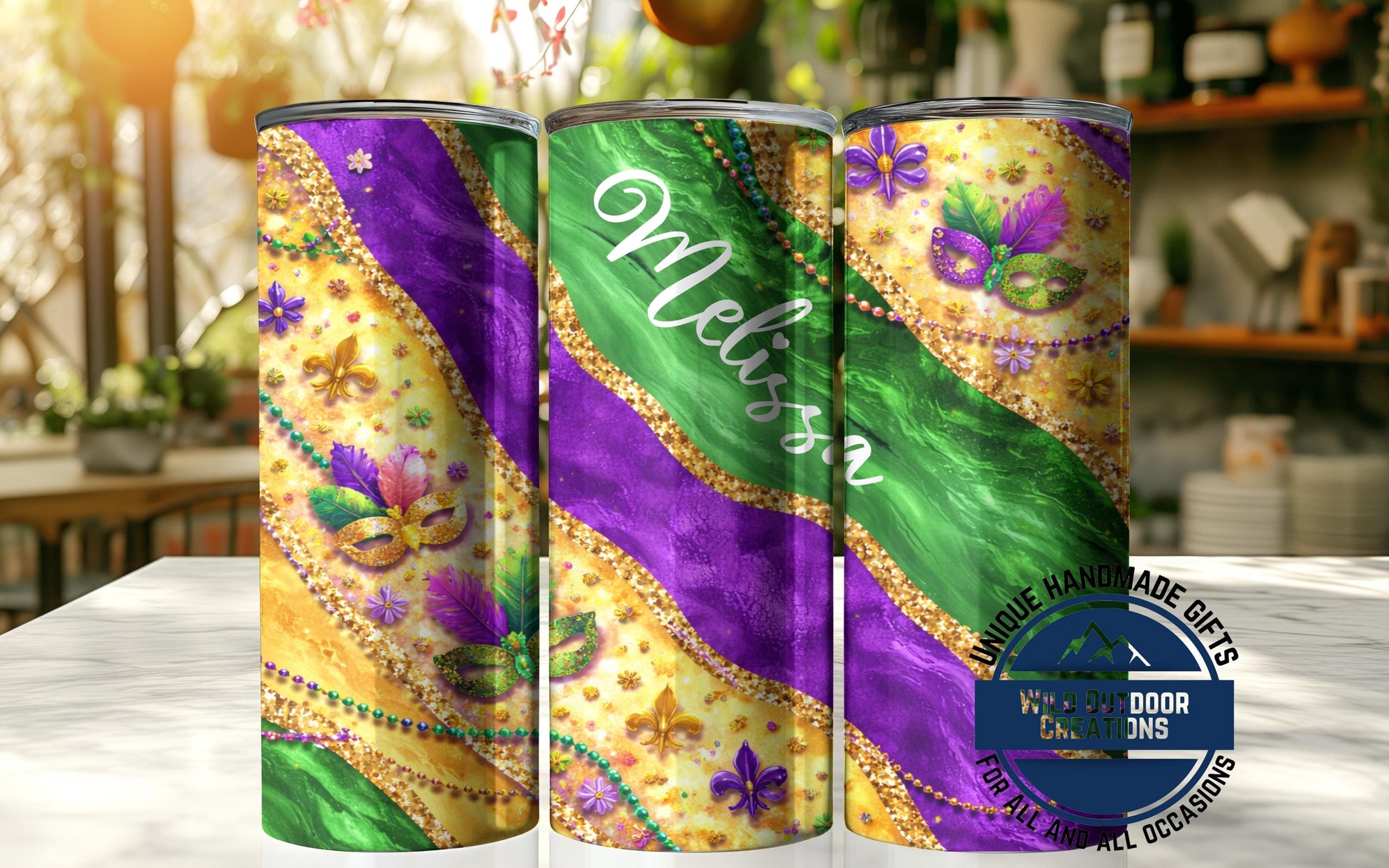 Custom Name Tumbler - Mardi Gras Mask Design | Glow in Dark Green Festival Cup