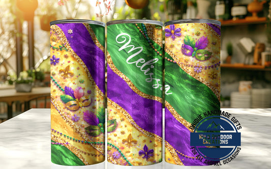 Custom Name Tumbler - Mardi Gras Mask Design | Glow in Dark Green Festival Cup