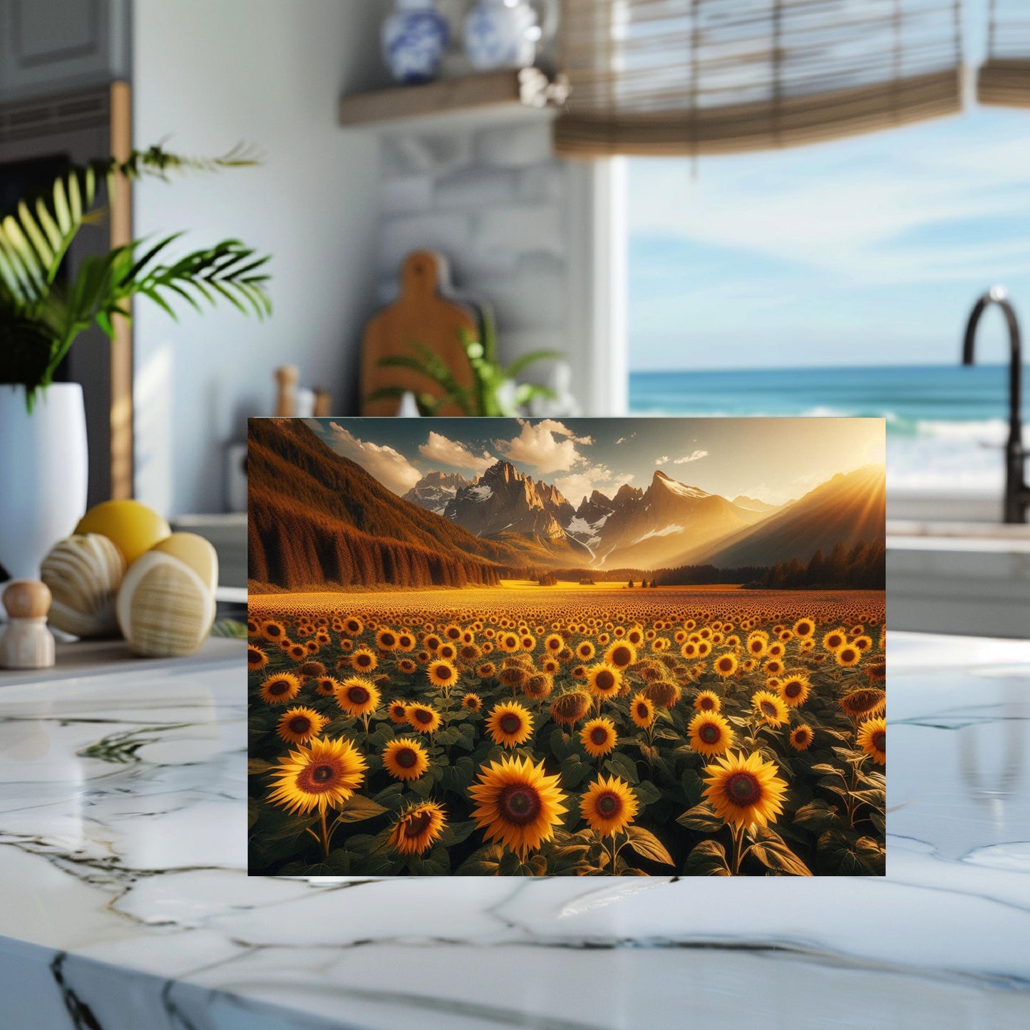 Mountain Sunset Sunflower Cutting Board, Large Glass Kitchen Board, Hostess Housewarming Gift, Charcuterie Board, Challah Board, Unique Gift