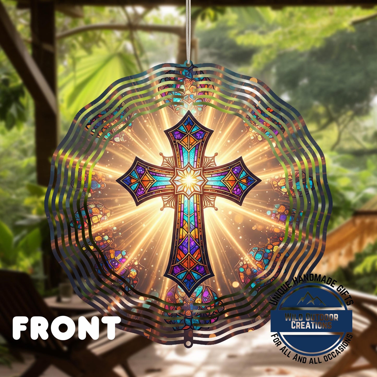 Faux Stained Glass Cross - Double Sided Spinner | Outdoor Wind Spinner with UV Protected Colors