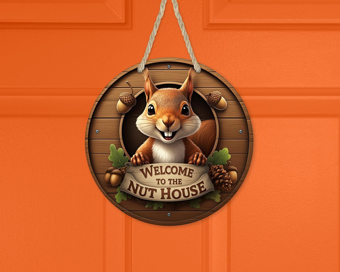 10 Round Nut House Door Wreath with Squirrel - Quirky Front Door Decor  Unique Gift for Squirrel Lovers