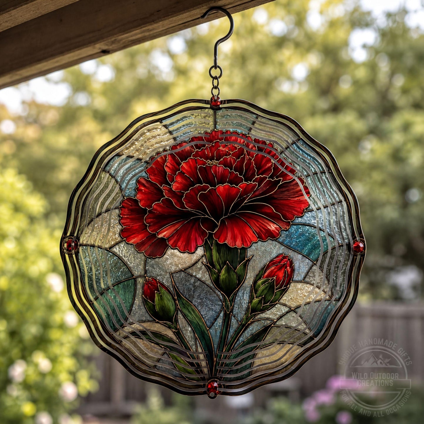 January Birth Flower Carnation Wind Spinner 10 Inch Faux Stained Glass Metal Garden Decor