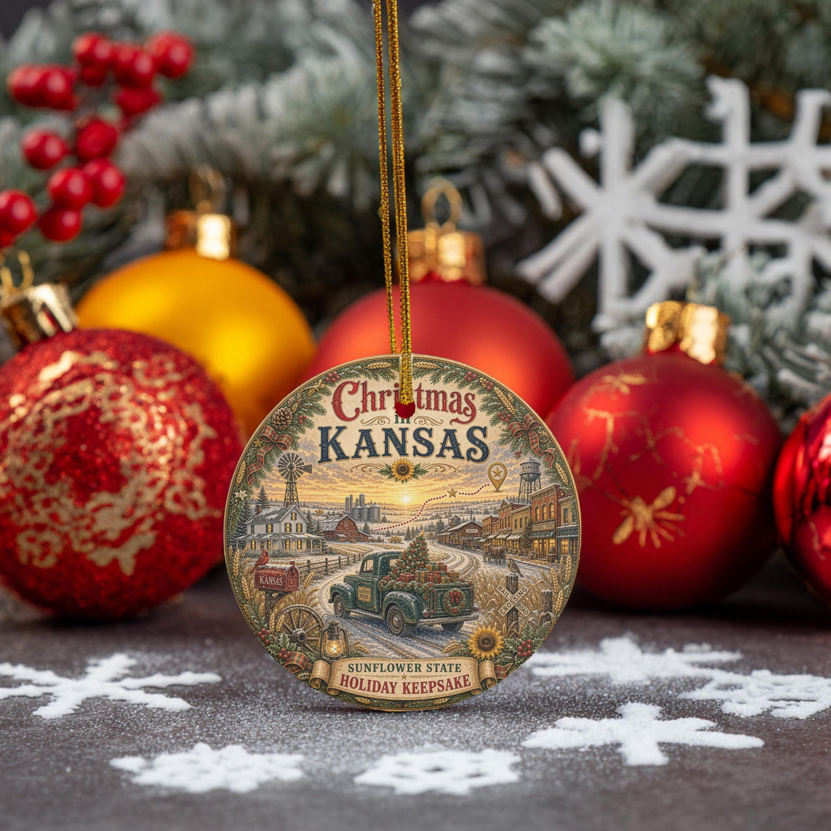 Kansas Christmas Ornament | Vintage Green Truck Ceramic Keepsake, 3 Inch