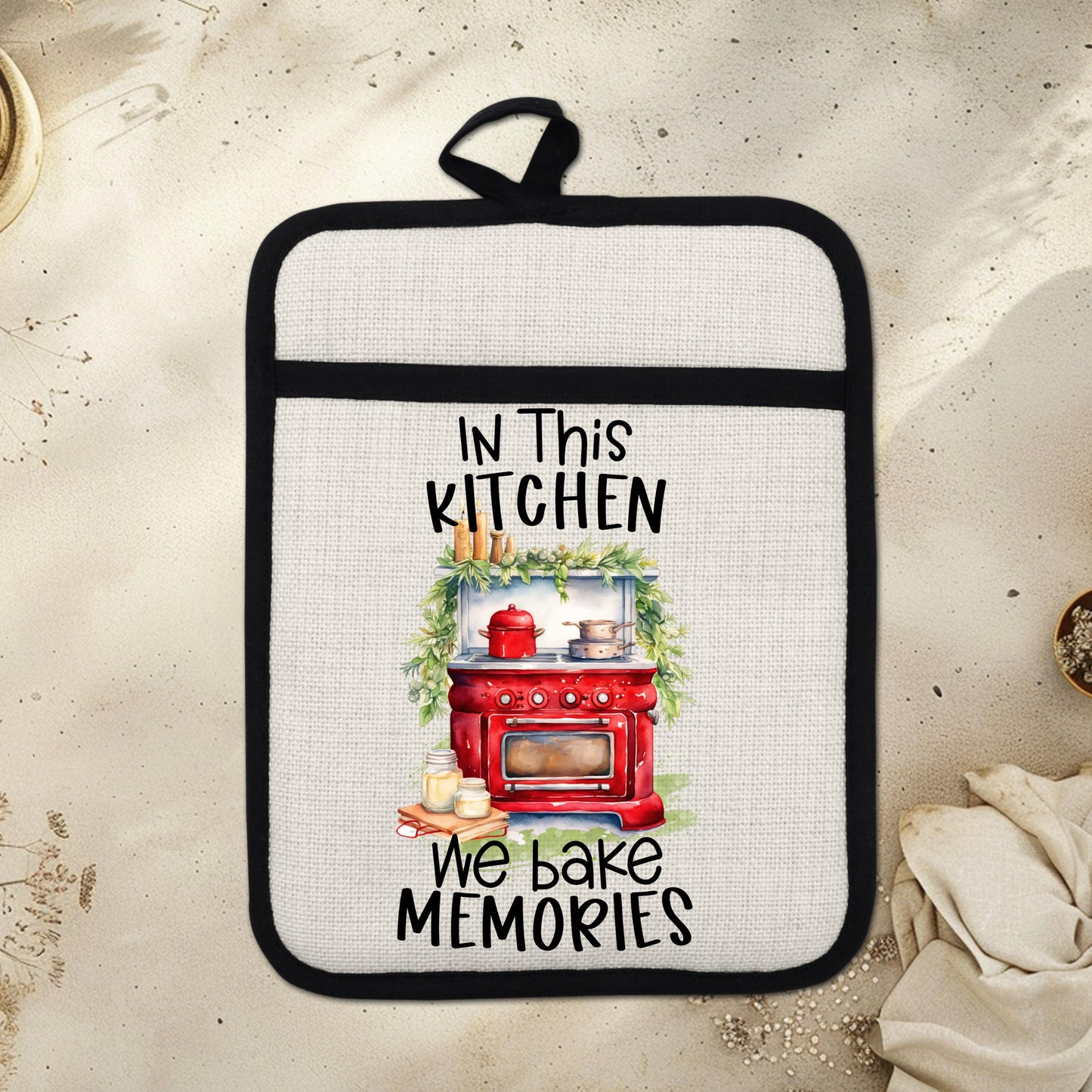 Red Farmhouse Oven Pot Holder - We Bake Memories Quote Rustic Linen Hot Pad for Christmas Kitchen Decor  Holiday Gifts