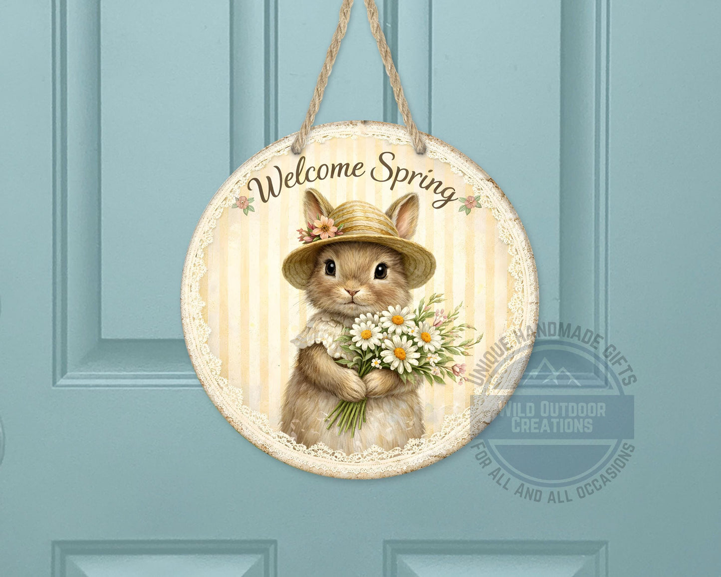 Spring Bunny Door Hanger – Floral Rabbit Wreath with Daisy Bouquet Sign