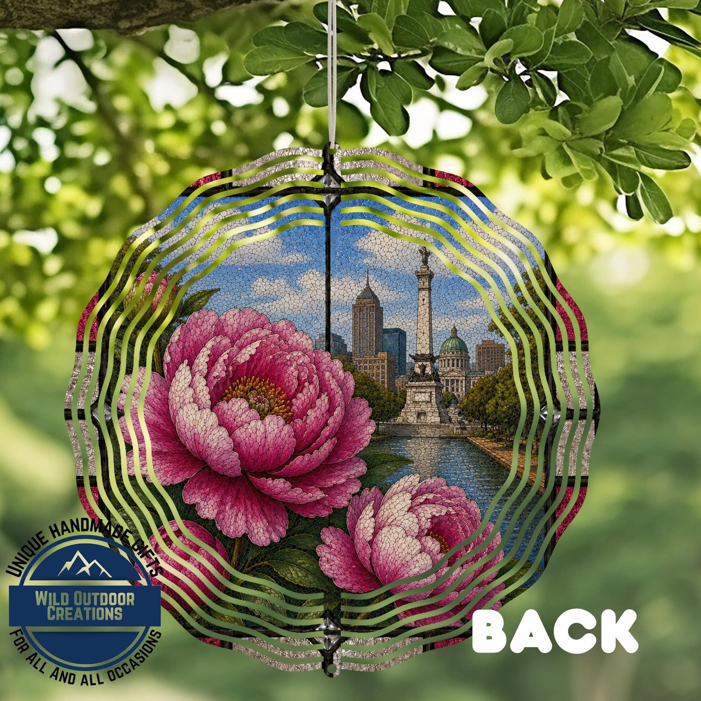Peony Wind Spinner - Indiana State Flower Aluminum Garden Decor with Cityscape Art