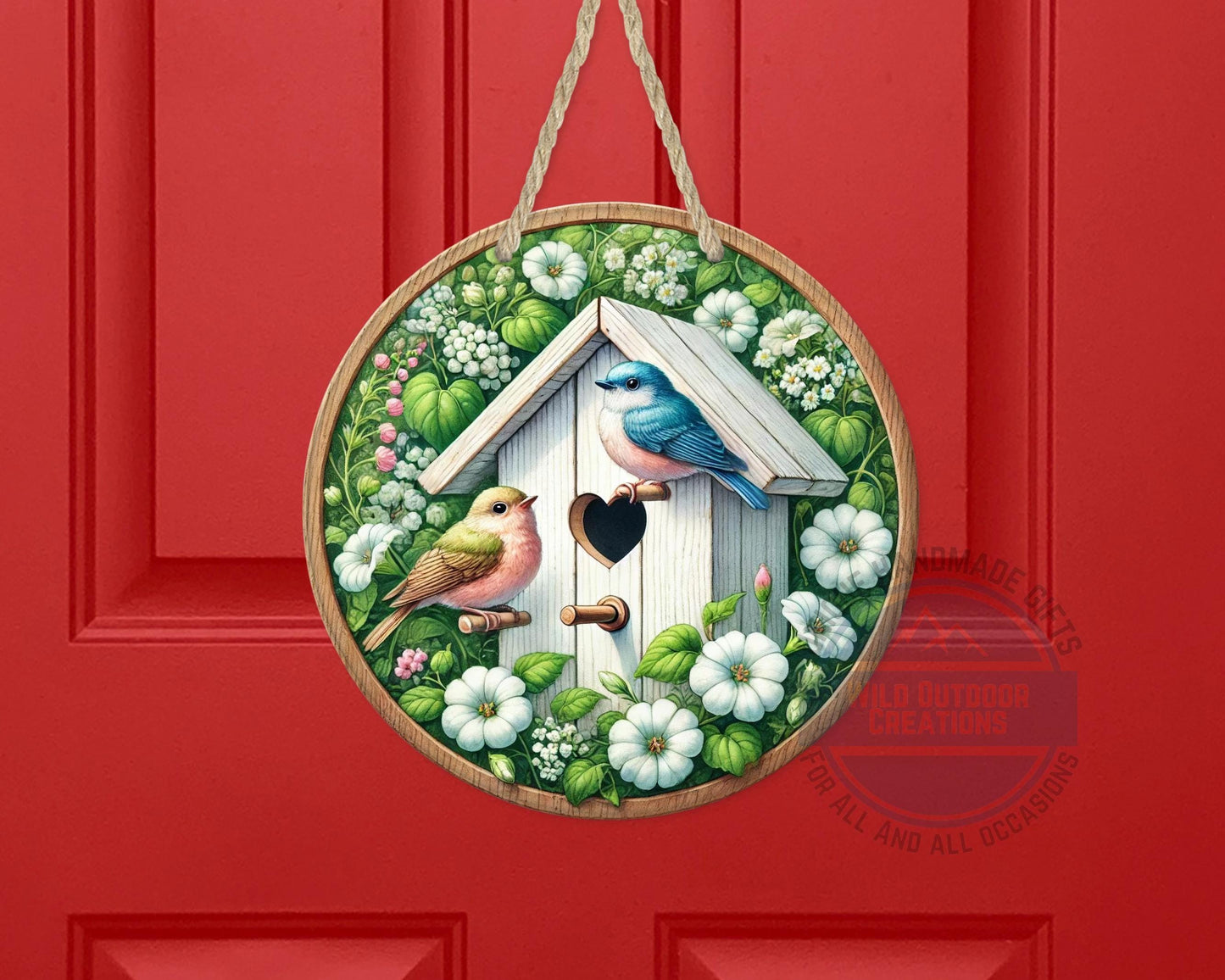 Birdhouse Door Hanger – Spring Door Decor with Songbird Porch Welcome Sign