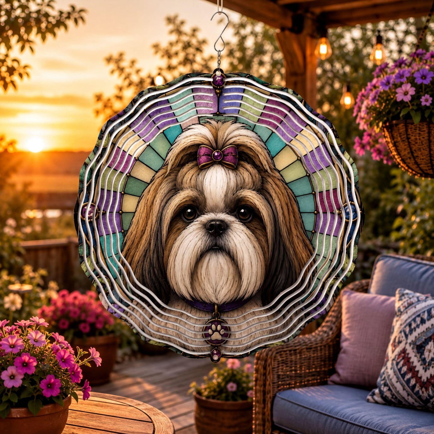 Shih Tzu Wind Spinner Faux Stained Glass Dog Garden Decor Aluminum Hanging Gift