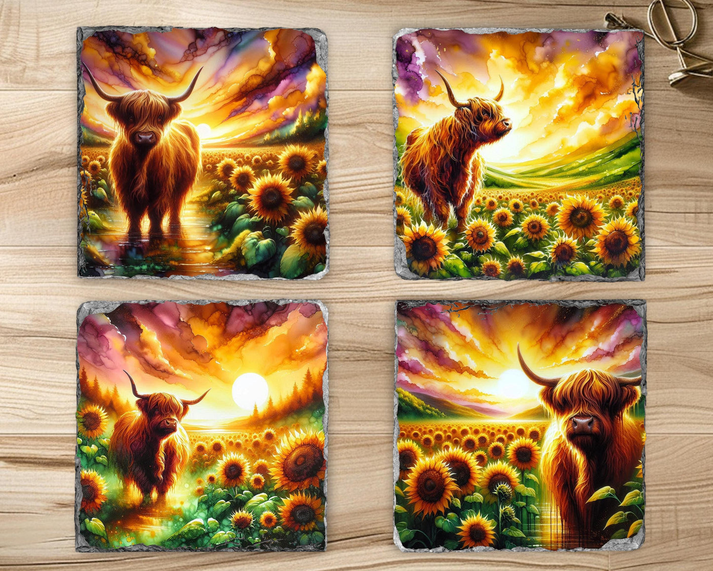 Highland Cow Slate Coaster Set with Sunflower Meadow Design  Unique Fractured Edges