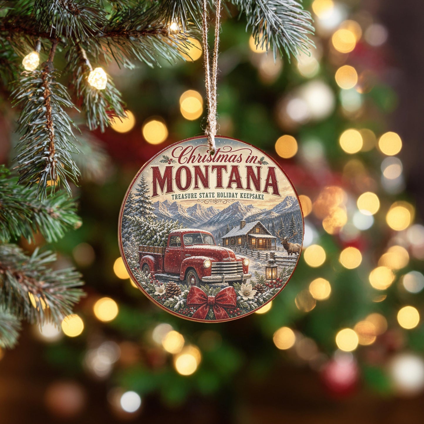 Montana Christmas Ornament, Rustic Cabin Scene | Ceramic, 3 Inch