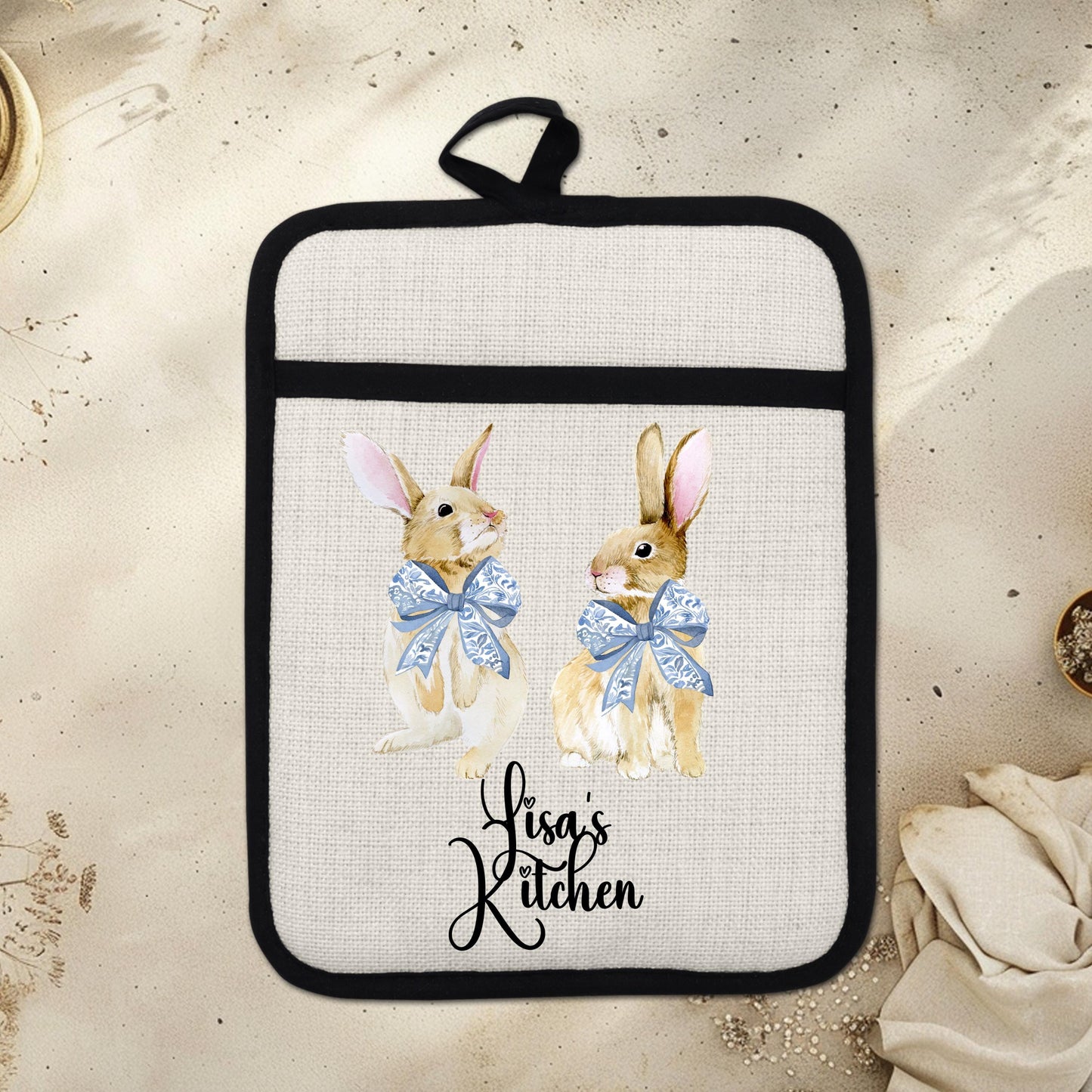 Personalized Easter Pot Holder - Custom Bunny Kitchen Gift with Chinoiserie Blue Design - lifestyle view