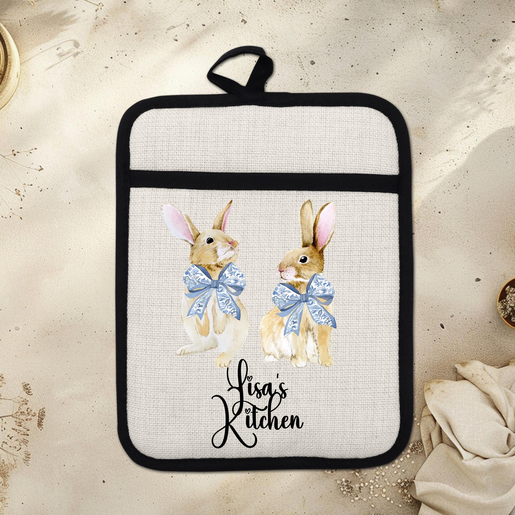 Personalized Easter Pot Holder - Custom Bunny Kitchen Gift with Chinoiserie Blue Design - lifestyle view