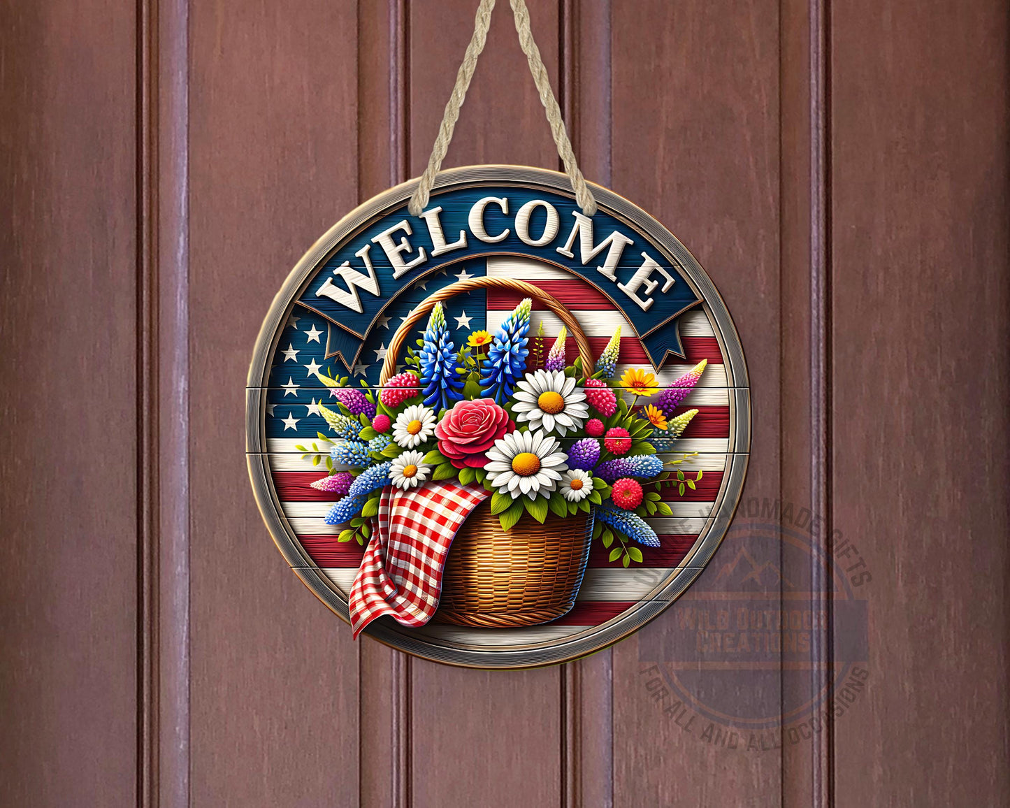 Patriotic Door Hanger - Aluminum Outdoor Sign With American Flag & Floral Basket