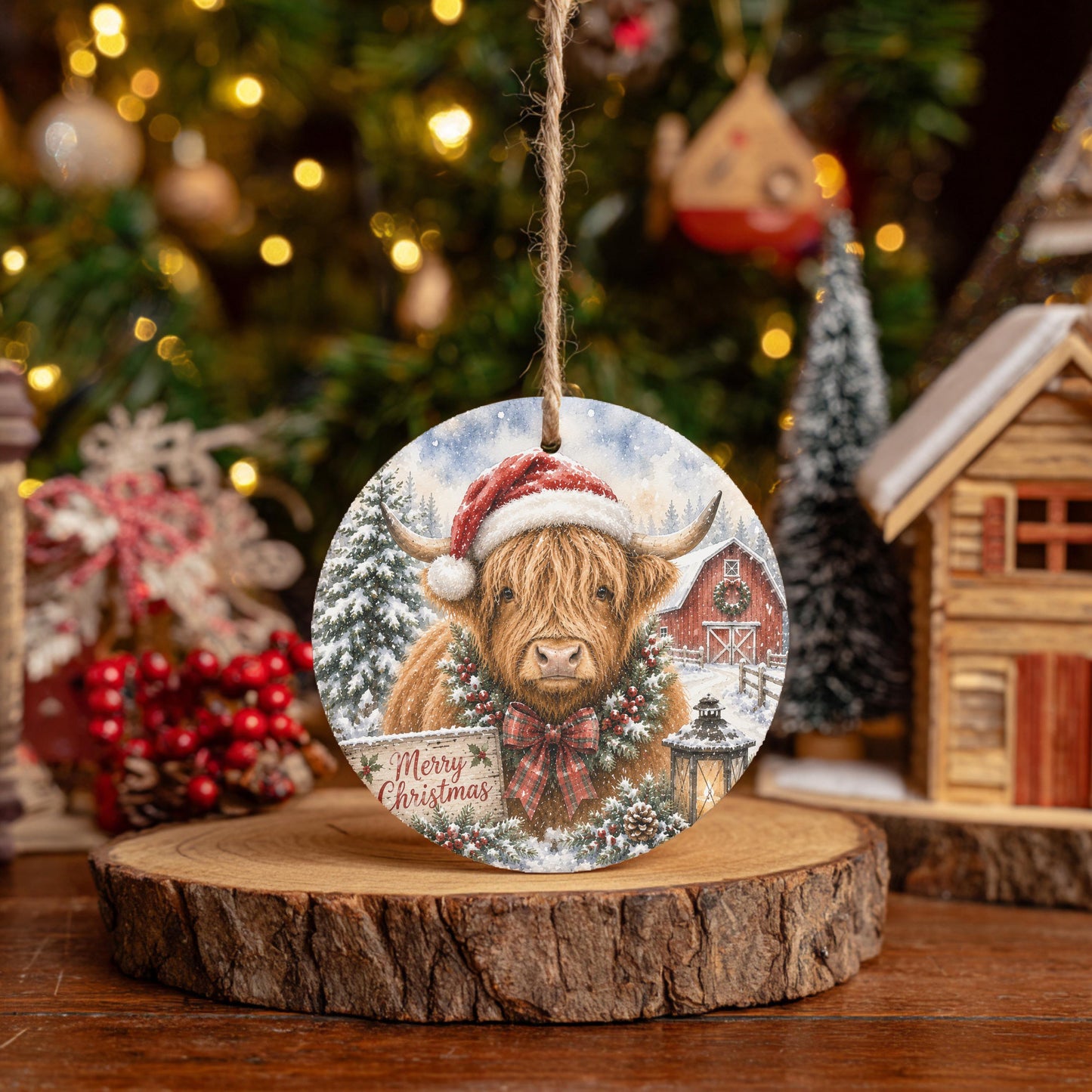 Highland Cow Ornament, Round Ceramic, 3 Inch Winter Barn Scene