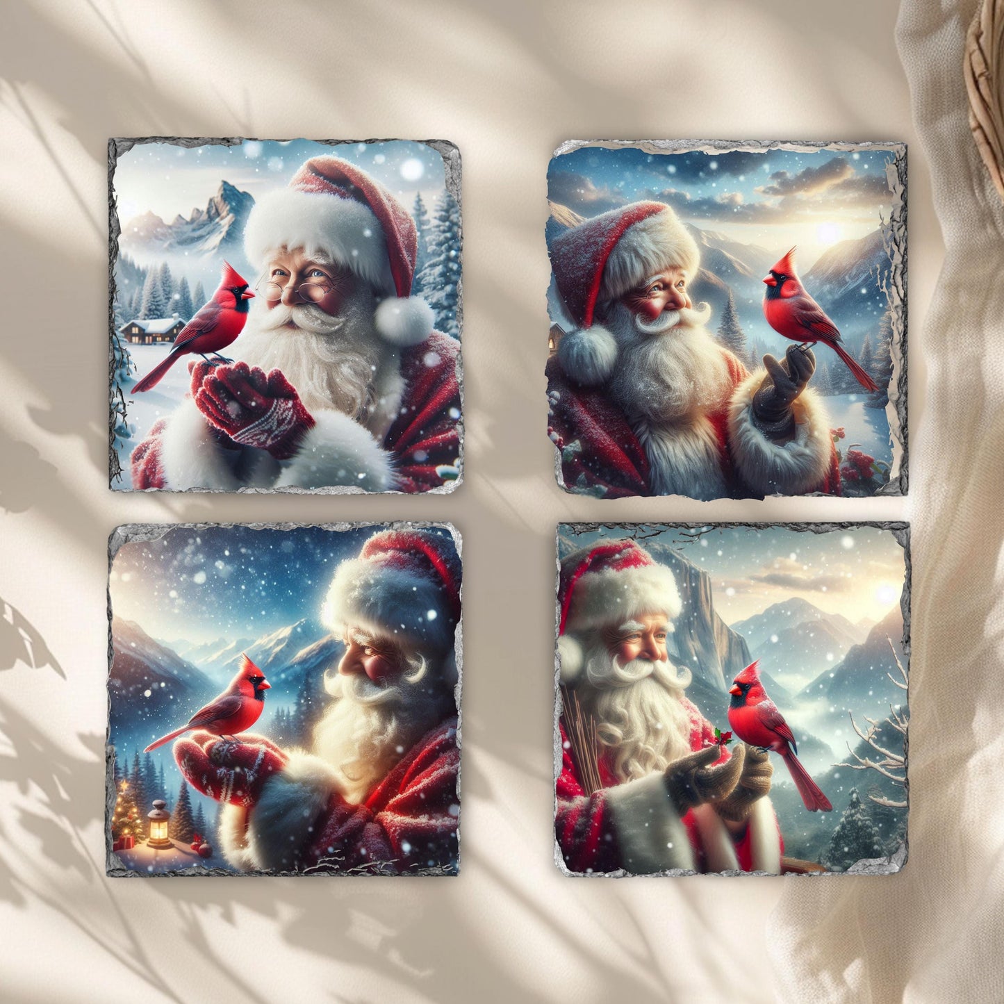 Slate Coaster Set with Santa  Cardinal Winter Scene - Fractured Edged Coasters for Holiday Decor  Gifting