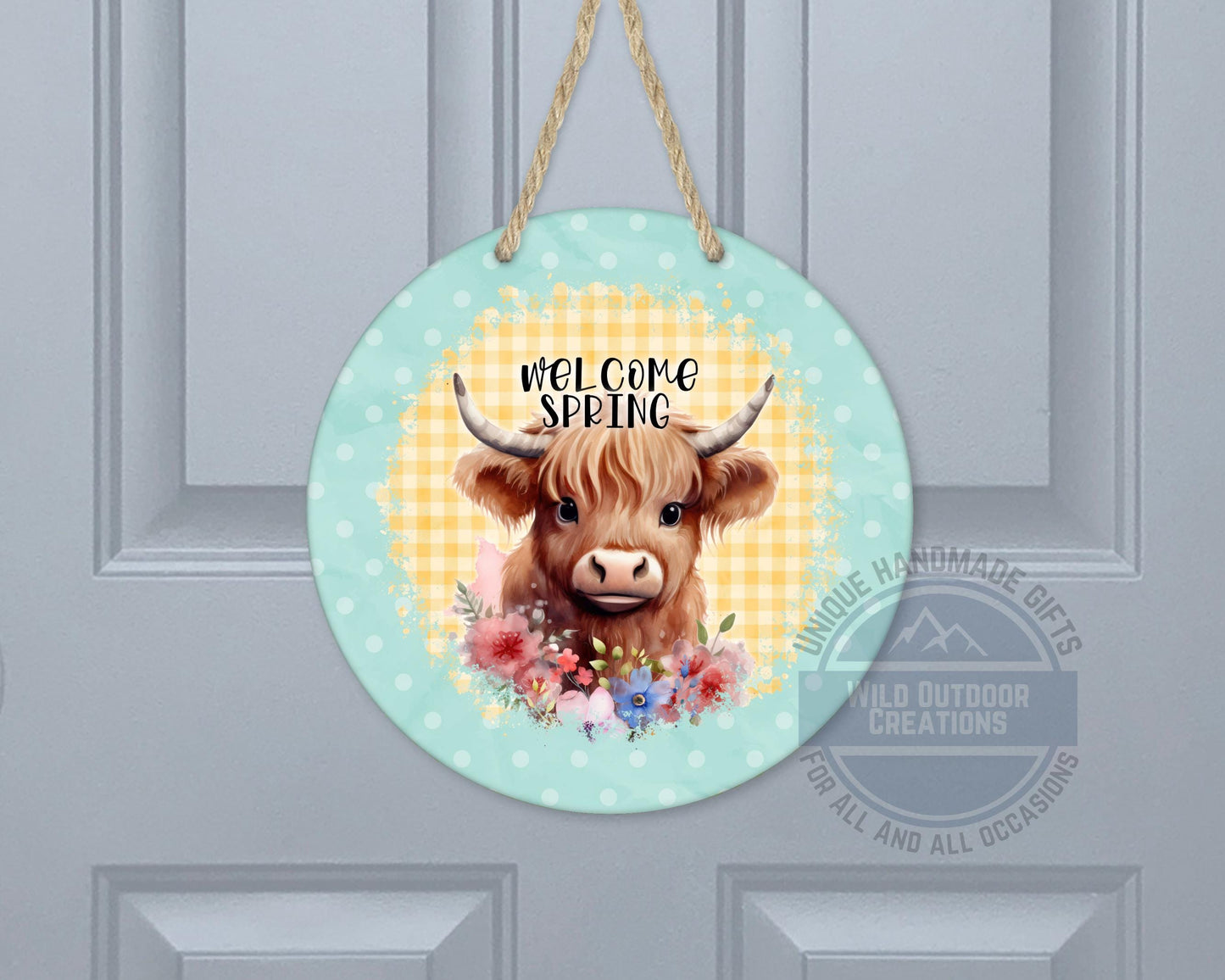 Welcome Spring Sign - Highland Cow Decor | Round Aluminum Front Porch Sign