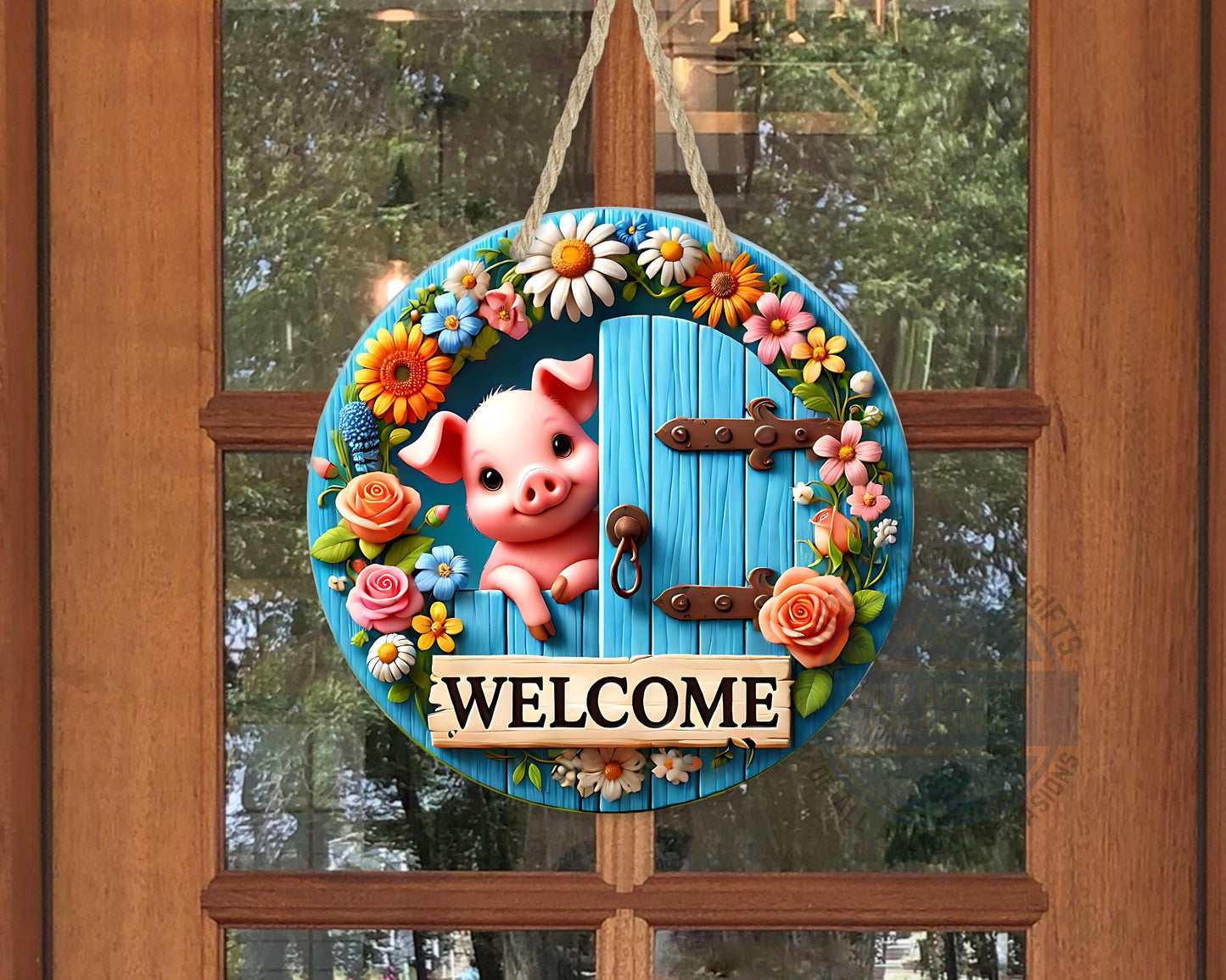Pig Door Hanger – Farmhouse Welcome Sign | Floral Blue Wood Aluminum Decor