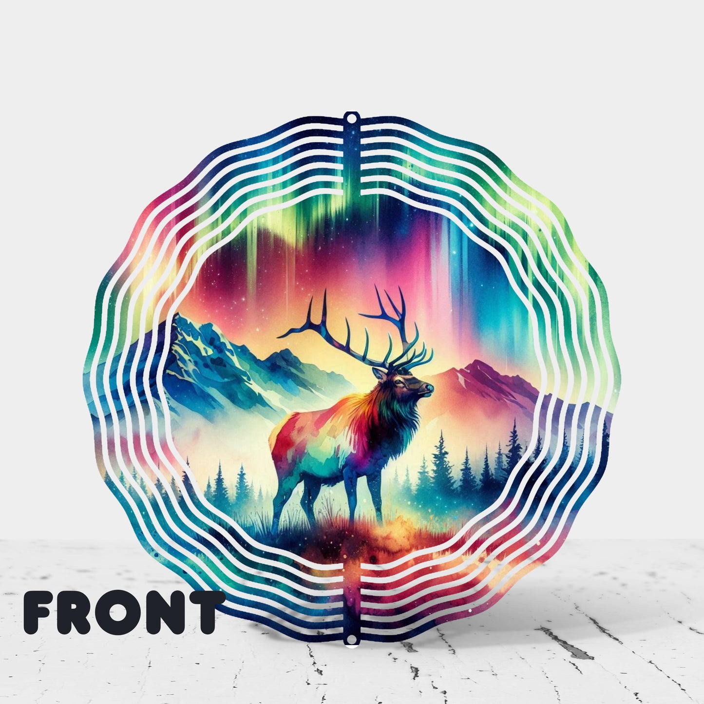 Elk Mountain Valley Wind Spinner - 10x10 Double-Sided UV Outdoor Art with Watercolor Northern Lights