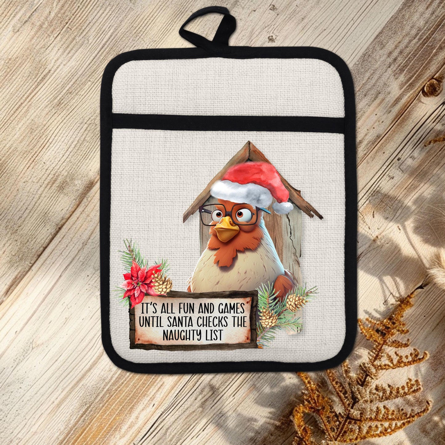 Funny Chicken Pot Holder with Santa Hat - Rustic Barn Kitchen Decor  Naughty List Sign - Perfect Linen Hot Pad Gift
