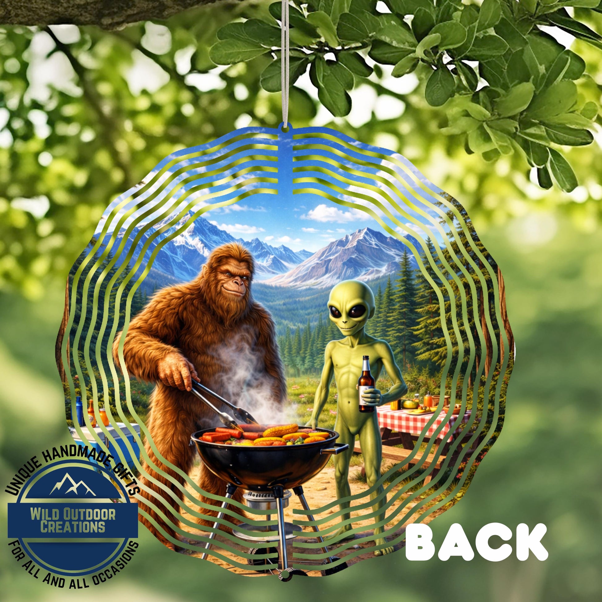 A large, furry alien creature is cooking food on a grill, while a smaller, green alien stands nearby, in a natural outdoor setting with mountains in the background.