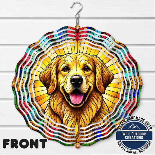 Golden Retriever Wind Spinner - 10 Inch Spiral Faux Stained Glass Garden Decor