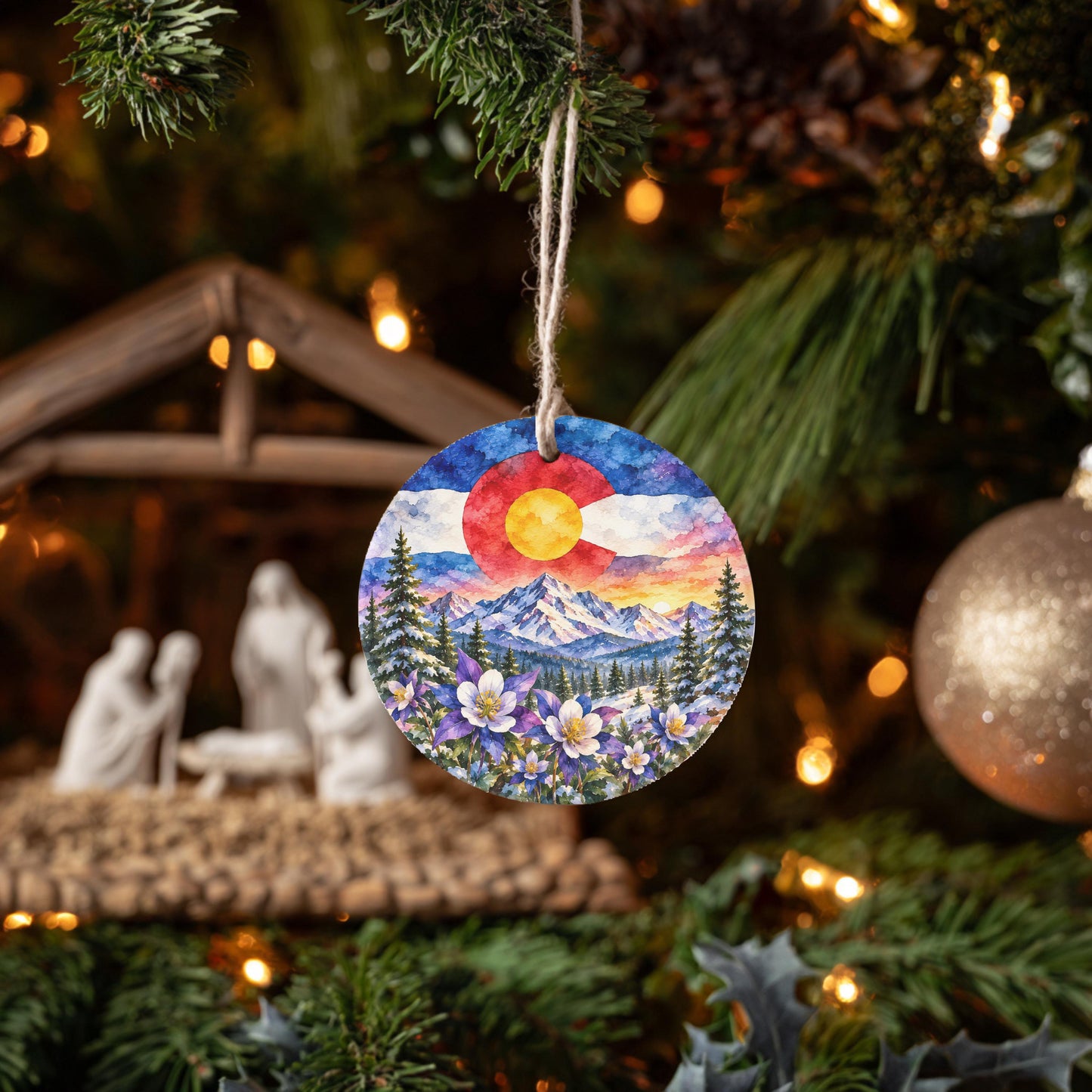 A round ornament hanging from a Christmas tree, featuring a painting of a mountain landscape with a red and white sun in the sky.