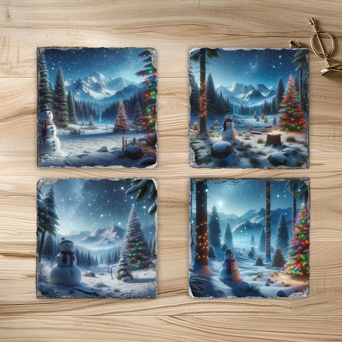 Slate Coaster Set with Festive Snowman  Mountain Scene - 4 Sublimation Coasters and Black Storage Rack for Winter Decor Gift