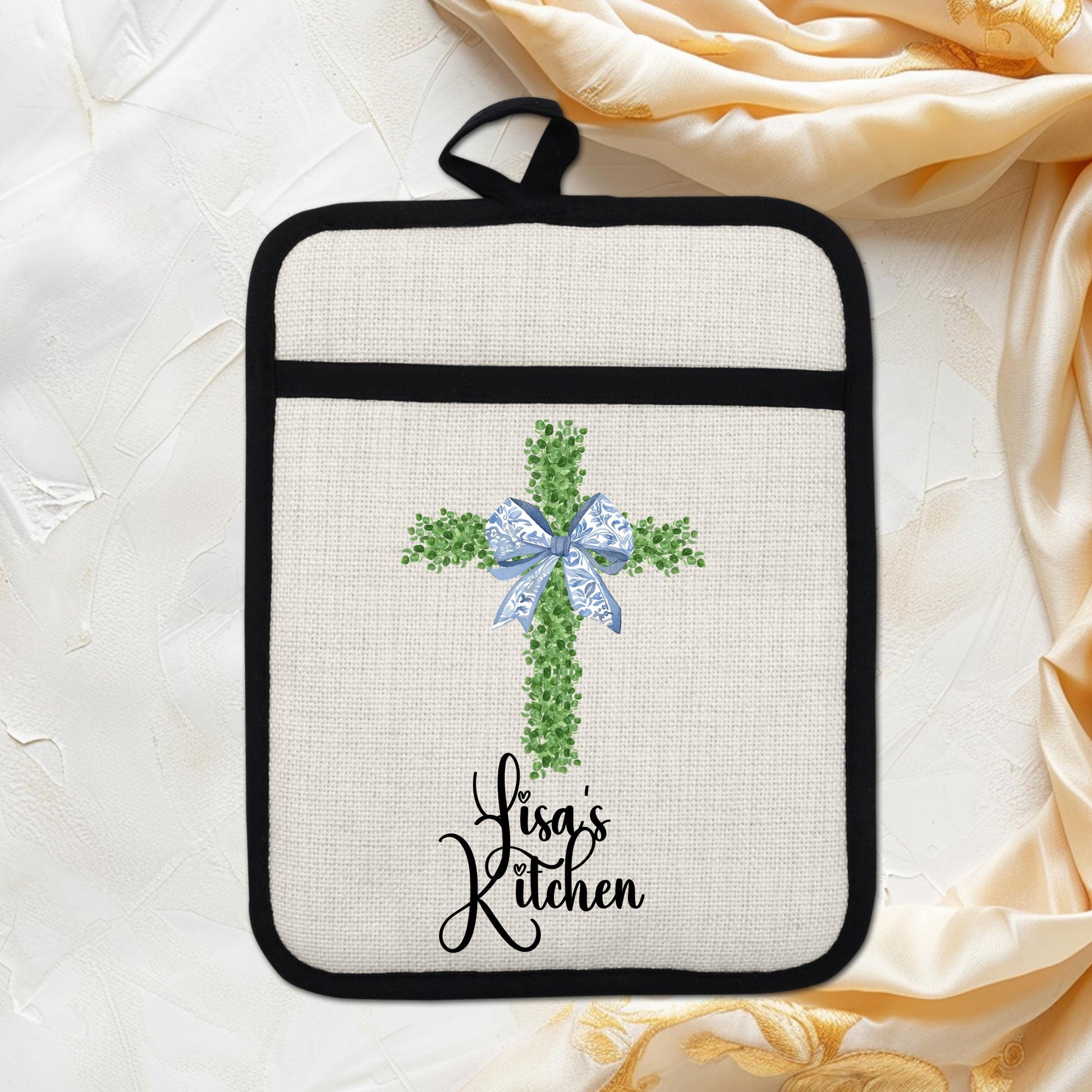 Personalized Christian Pot Holder - Custom Name Floral Cross Kitchen Gift - additional angle