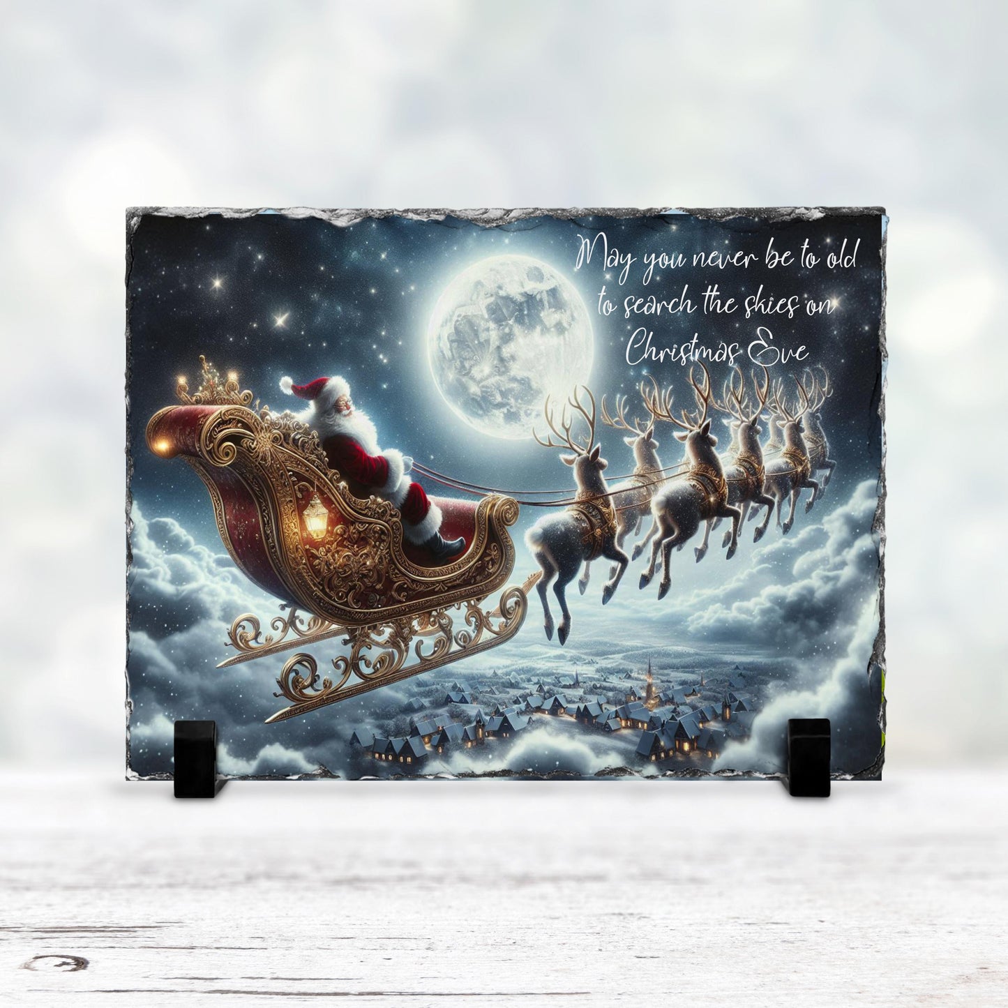 Handcrafted Holiday Slate Art with Santa  Reindeer  Full Moon Scene for Festive Home Decor
